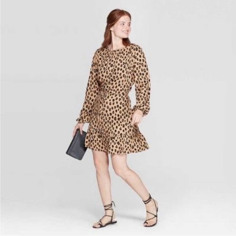 A New Day Leopard Cheetah Animal Print Long Sleeve Mini Dress Tie Waist Sheath S